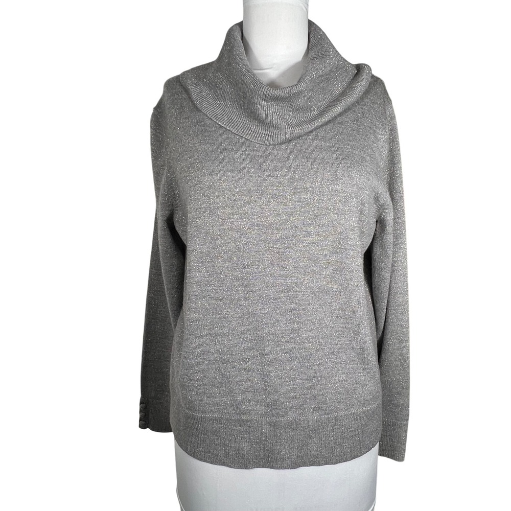 Talbots Petite XL Gray Silver‎ Metallic Merino Wool Cowl Neck Shimmer Sweater